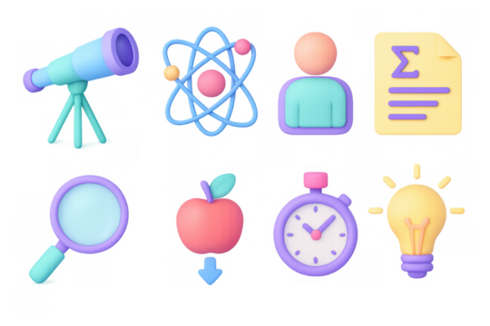 Colorful 3d education and science icons set with telescope and lightbulb