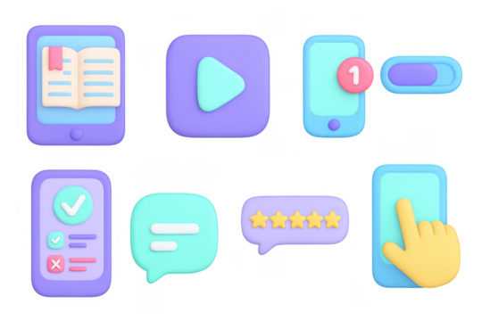 Colorful 3d app icons set featuring mobile interface elements