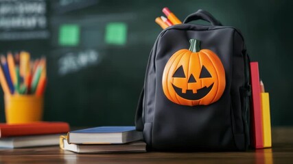 School backpack decorated with Halloween pumpkin beside books and pencils in classroom. Halloween themed back to school concept. All Hallows Eve, Samhain