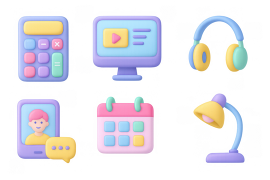 3d technology icons: calculator, monitor, headphones, smartphone, calendar, lamp