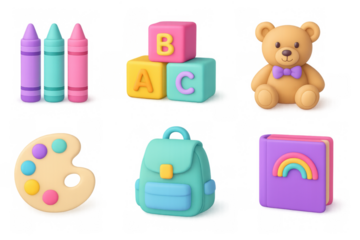 Colorful 3d cartoon style children’s toys and school supplies