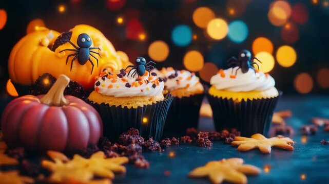 Halloween cupcake with spider decoration and decorative pumpkins. Spooky treat for fall holiday party night backdrop. All Hallows Eve, Samhain
