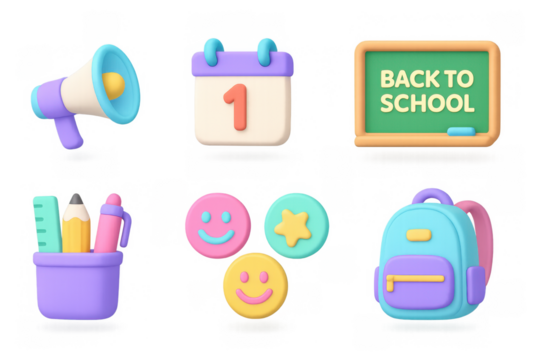 Colorful 3d back to school icons with megaphone, calendar, chalkboard, and supplies