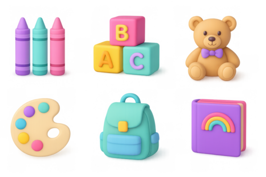 Colorful 3d cartoon style children’s toys and school supplies