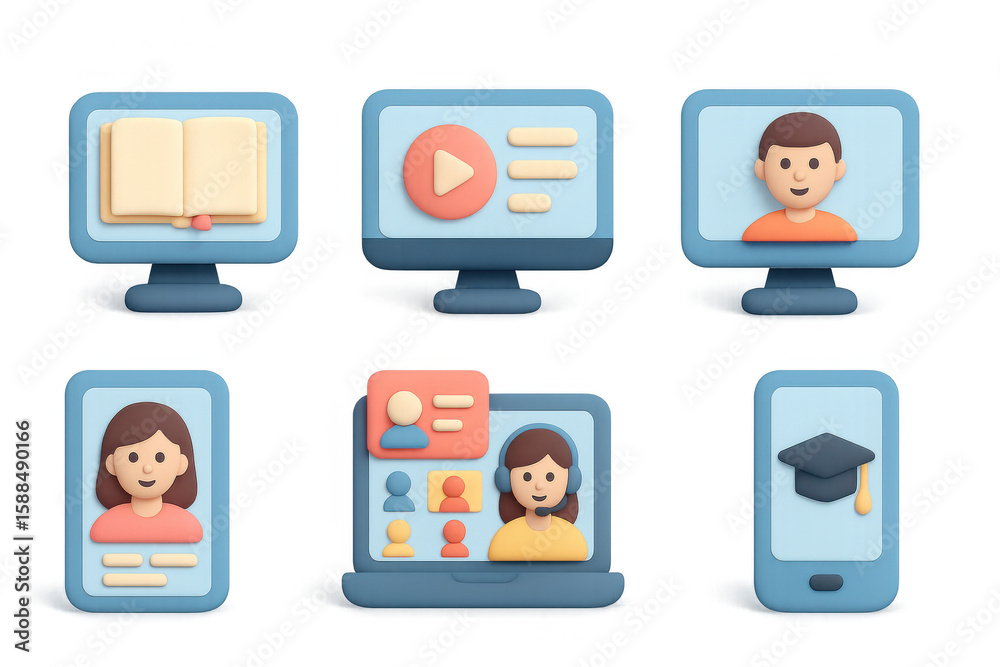 Poster 3d online learning and communication icons with computer and mobile interfaces