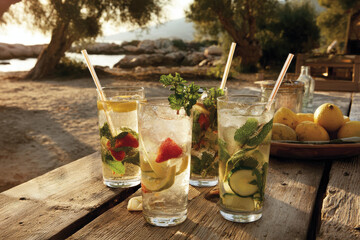 captivating photographs of refreshing cocktails and lemonades featuring vibrant fruits and ice often set against