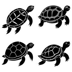 Four black and white stylized turtles with patterned shells swimming in different directions on white