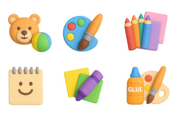 Cute 3d render of kids' art supplies with bear theme for creative projects