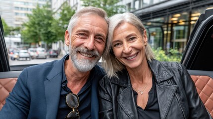 Woman and man smiling together outdoors, senior couple enjoying a moment in a modern urban setting