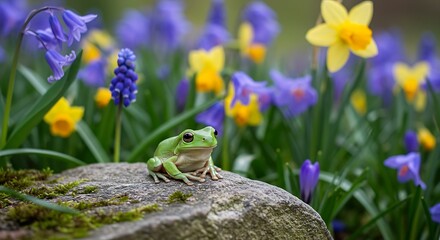 A green frog sits on a mossy rock surrounded by a vibrant display of bluebells, daffodils, and other colorful spring flowers in a natural setting.
