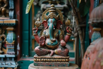 Obraz premium Colorful wooden statue of ganesha sitting and holding religious symbols