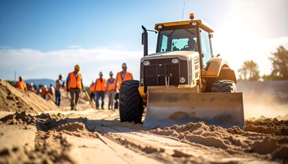 Obraz premium Construction workers on a job site with a tractor