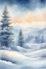 Fototapeta premium Delicate Christmas Snowfall in Soft Watercolor Sky – Vertical Holiday Background Illustration for Cards, Copy space, Mockup