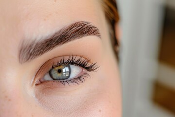 Obraz premium Close up of a young woman's face after an eyebrow lamination treatment, showcasing the beauty and precision of the procedure