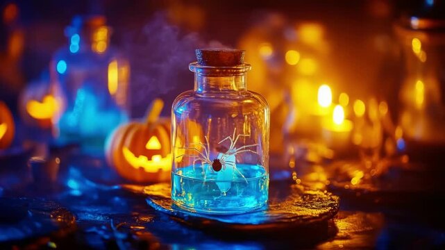 Halloween potion with a spider in a jar and smoke. Spooky concoction at a party with pumpkins and candles. Mystical elixir for fall celebration. All Hallows Eve, Samhain