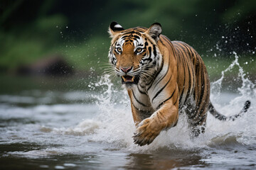Fototapeta premium Majestic Tiger Running Through Water: Wildlife Photography