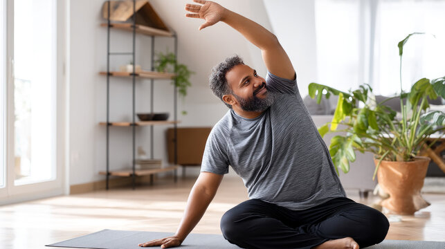 A man with obesity doing light stretching at home, working on his flexibility