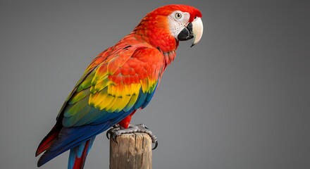 Obraz premium A vibrant scarlet macaw perched on a wooden post, showcasing its bright red, yellow, and blue plumage against a plain gray background.