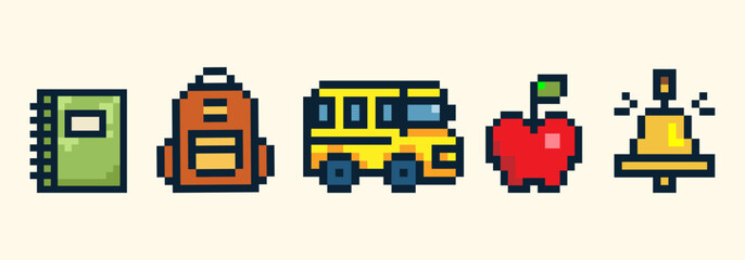 School icon set Pixel art style with notebook, backpack, school bus, apple, and bell in retro pixel style, perfect for back to school concept, stickers, apps, game, web, educational projects. Vector