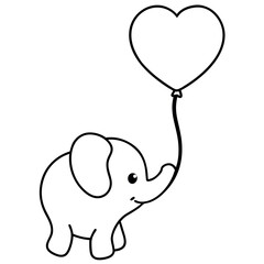 Obraz premium Cheerful baby elephant with floating heart balloon Line Art Vector illustration