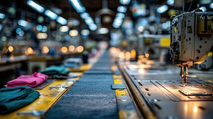 Obraz premium Textile manufacturing facility with vintage sewing machines and fabric