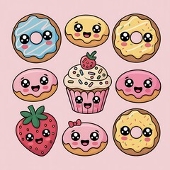 Kawaii donuts and cupcake with strawberry cute