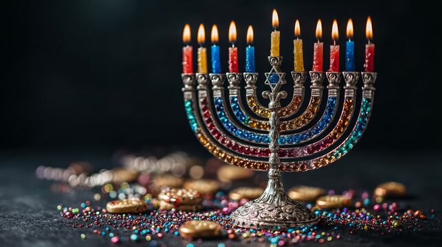 Colorful Hanukkah Menorah with Gelt and Confetti on Dark Background.