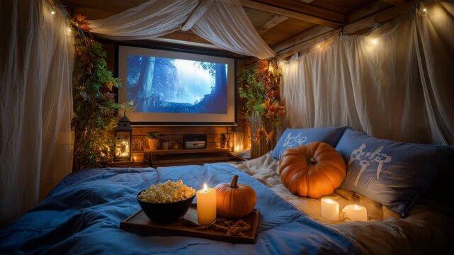 Coziest autumn night in a rustic bedroom setup for Halloween movie night with pumpkins, popcorn, and string lights. All Hallows Eve, Samhain