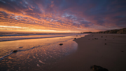 Obraz premium Dramatic Sunset Sky Reflected on a Peaceful Beach