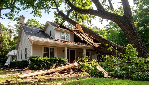Damaged house with fallen tree