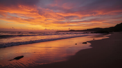 Obraz premium Dramatic Sunset Sky Reflected on a Peaceful Beach