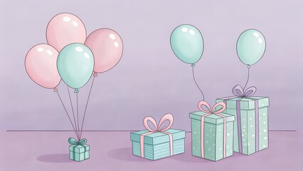 Pastel Balloons and Gift Boxes on Lavender Background.