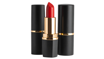 Obraz premium Elegant Red Lipstick in Luxurious Gold and Black Packaging on Clear Background