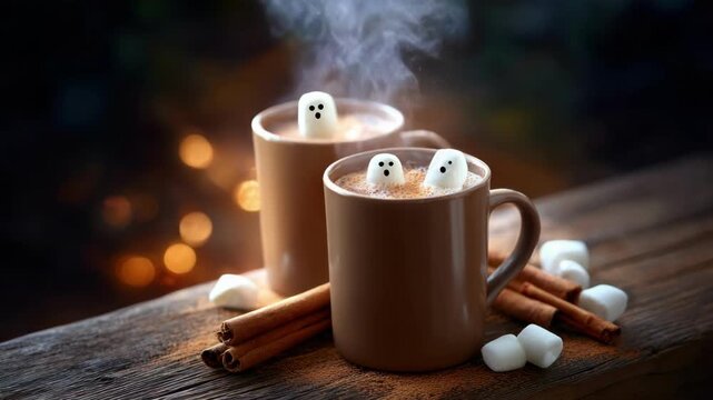 Two mugs of hot chocolate with ghost marshmallows on a wooden table, steam rising from the warm drink for Halloween celebration. All Hallows Eve, Samhain