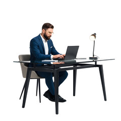 Stylish businessman works on a laptop, transparent background offers design flexibility