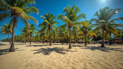 Fototapeta premium Sunny Tropical Beach with Palm Trees and Clear Blue Sky