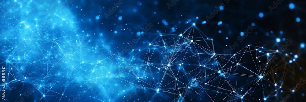 Poster Dynamic Network Concept with Blue Interconnected Dots and Abstract Lines Representing Data Systems