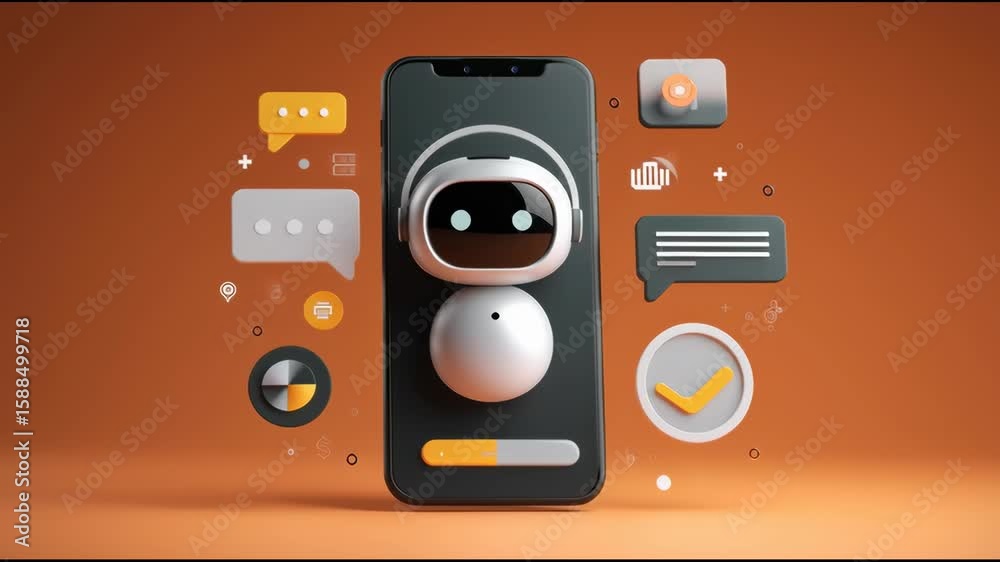 Poster ai assistant icon floating above smartphone with speech bubbles and automation symbols smart technol