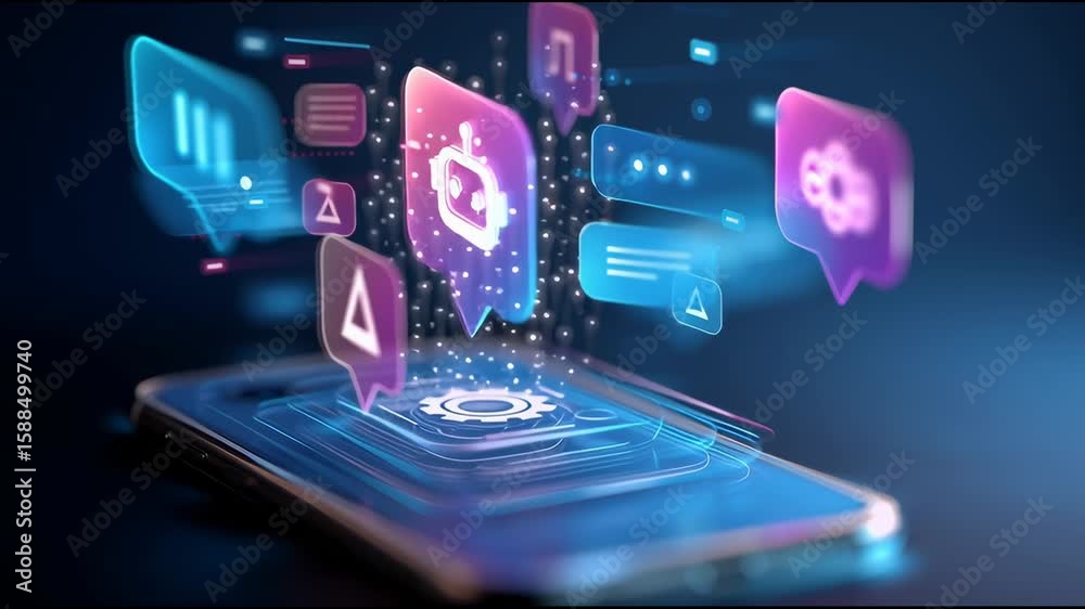 Poster ai assistant icon floating above smartphone with speech bubbles and automation symbols smart technol