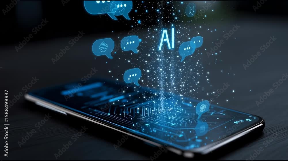 Poster ai assistant icon floating above smartphone with speech bubbles and automation symbols smart technol