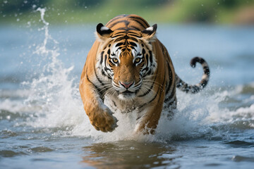 Obraz premium Majestic Bengal Tiger Running Through Water