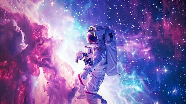 An astronaut floating in space against a stunning cosmic background
