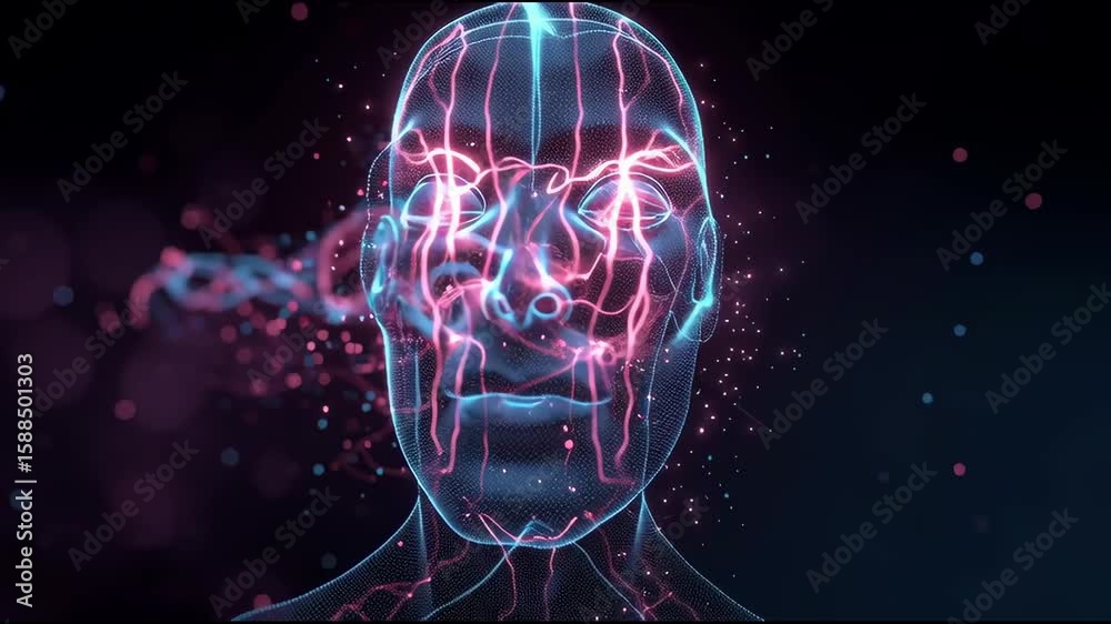 Aufkleber Neon glowing head silhouette with AI algorithm patterns and data particles deep learning and brain tech