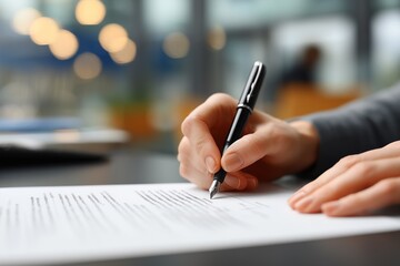 Woman signing contract - close-up hand writing on legal document