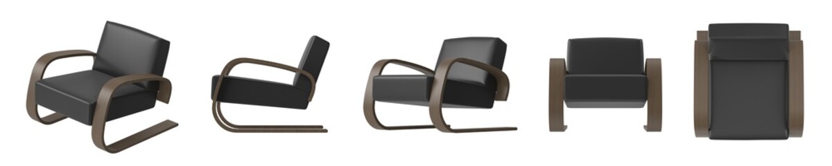 Five-angle view of elegant chair with dark seat and curved frame