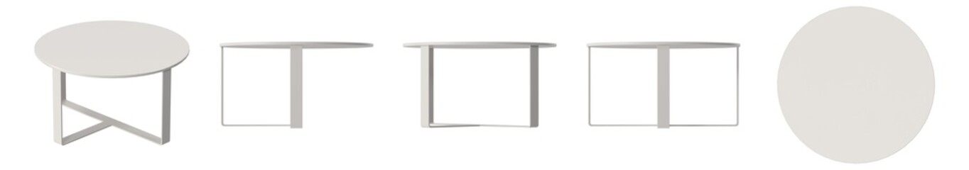 A set of modern coffee tables with a minimalist design. Each table features a sleek, circular top and a minimalist frame. These tables blend simplicity and functionality seamlessly.