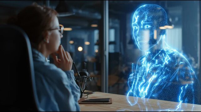 Office worker talking to an AI assistant hologram in modern workspace real person interacting with virtual intelligence