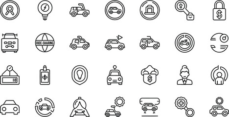 A collection of various line art icons featuring cars, locations, and security related symbols spread out