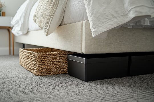 Low-angle close-up of platform bed base and legs with white headboard, grey carpet, and under-bed storage including black box and woven basket