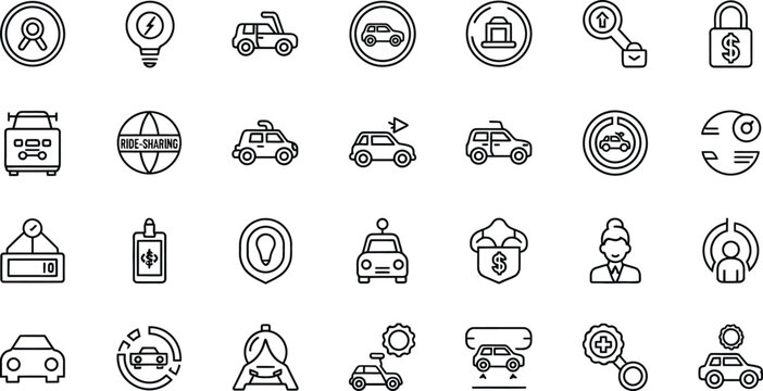 A collection of various line art icons featuring cars, locations, and security related symbols spread out